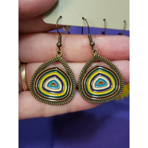 Three Pairs Dangle Earrings BOHO Western Style Yellow & Bronze Tone - Picture 5 of 11